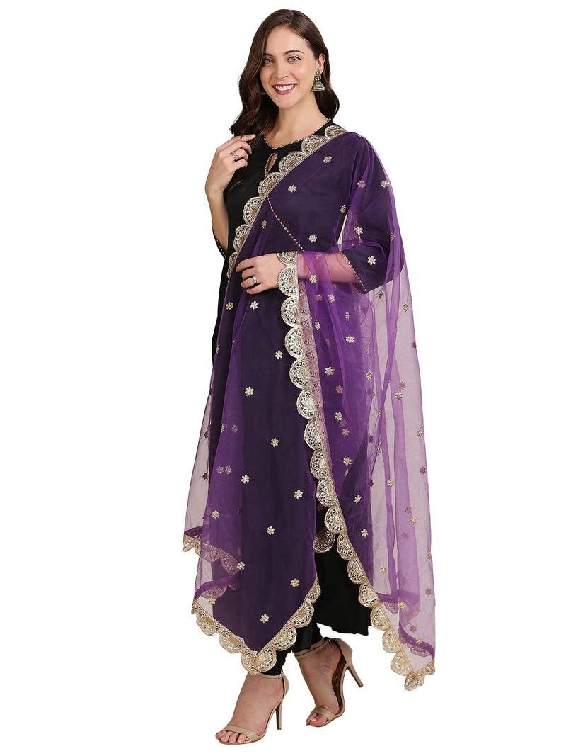 DUPATTA BAZAAR Women's Purple Embroidered Net Dupatta With Scallops, free size - Image 5