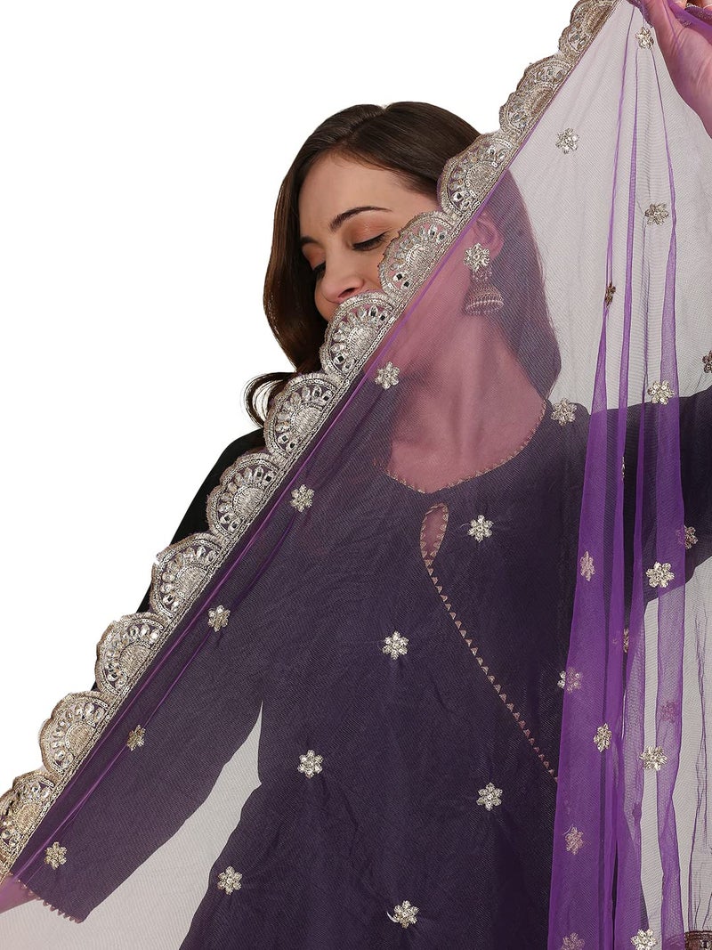 DUPATTA BAZAAR Women's Purple Embroidered Net Dupatta With Scallops, free size - Image 4