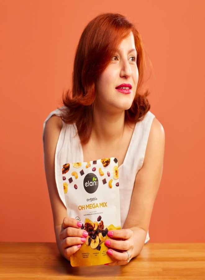 Elan مزيج ألان العضوي أوه ميغا، 4.8 أونصة، شوكولاتة داكنة نباتية، فواكه مجففة (توت بري ورقائق الموز)، مكسرات (شيا وجوز محمص)، غير معدلة وراثيًا، خالية من الغلوتين، نباتية، وجبات خفيفة بدون ذنب - Image 3