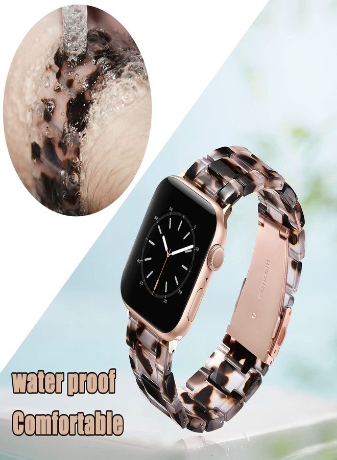 في-مورو سوار V-MORO من الراتنج متوافق مع ساعات Apple Watch Series 11/10/9/8/7 بمقاسات 40 مم، 41 مم، 42 مم، و38 مم. سوار أنيق وخفيف الوزن لساعات iWatch Series 6/5/4/3/2/1، مزود بإبزيم ذهبي وردي، بلون صدفة السلحفاة الشفافة. - Image 4
