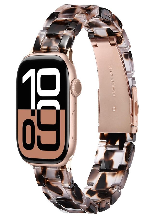 في-مورو سوار V-MORO من الراتنج متوافق مع ساعات Apple Watch Series 11/10/9/8/7 بمقاسات 40 مم، 41 مم، 42 مم، و38 مم. سوار أنيق وخفيف الوزن لساعات iWatch Series 6/5/4/3/2/1، مزود بإبزيم ذهبي وردي، بلون صدفة السلحفاة الشفافة. - Image 1