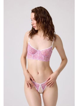 COTTONHILL Pink Patterned Adjustable Straps Underwire Private Area Open Thong Panty Women's Bra Set  - Image 3