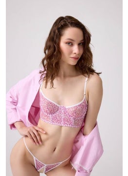 COTTONHILL Pink Patterned Adjustable Straps Underwire Private Area Open Thong Panty Women's Bra Set  - Image 2
