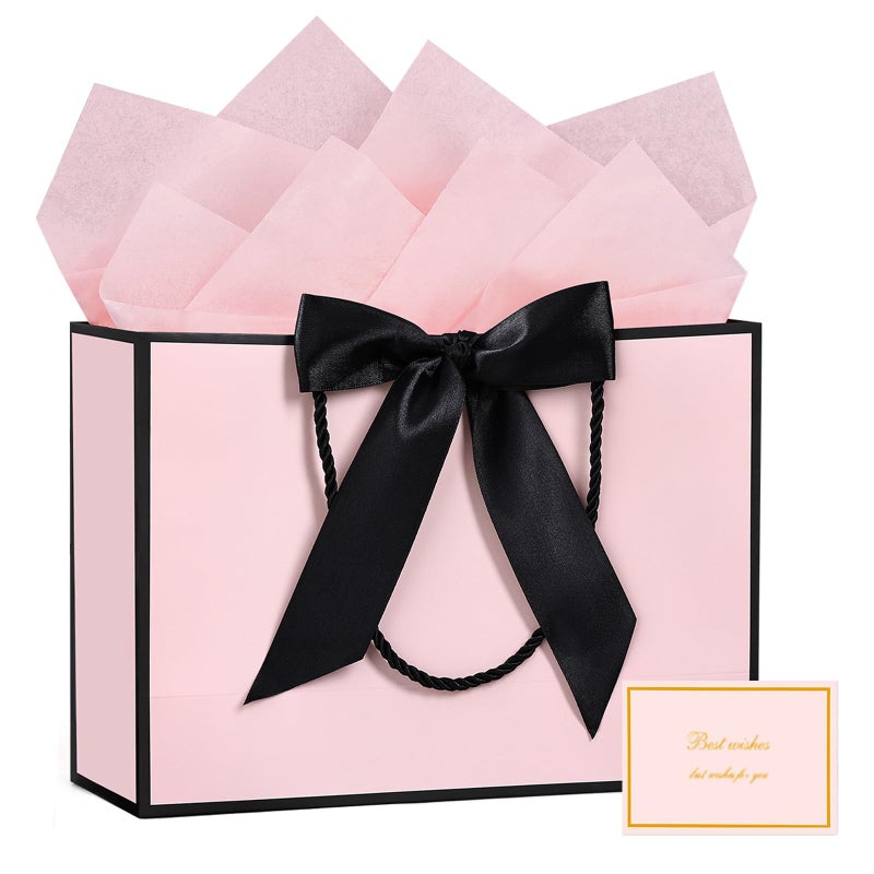 JMANNI Gift Bags, Gift Bags, 1Pcs Paper Gift Bag with 2 Tissue Paper and 1 Greeting Cards, Present Bags with Handles for Women Girls Birthday Valentines Wedding Party (Black-Pink) - Image 1