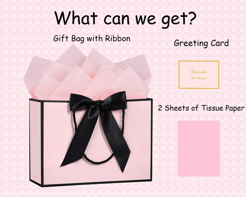 JMANNI Gift Bags, Gift Bags, 1Pcs Paper Gift Bag with 2 Tissue Paper and 1 Greeting Cards, Present Bags with Handles for Women Girls Birthday Valentines Wedding Party (Black-Pink) - Image 2