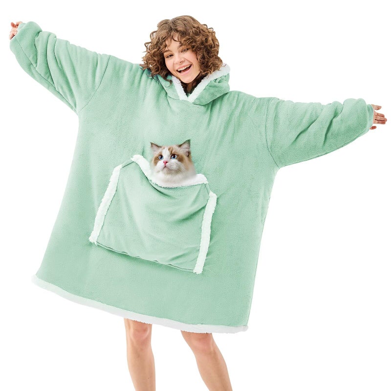 JOYWOO Green Wearable Blanket Hoodie,Oversized Cat Lovers Sweatshirt Blanket for Adult, Birthday Gifts for Women,Mom,Men,Cozy Sherpa Hooded Blanket with Giant Pocket Winter Gifts,Sage green Standard - Image 1