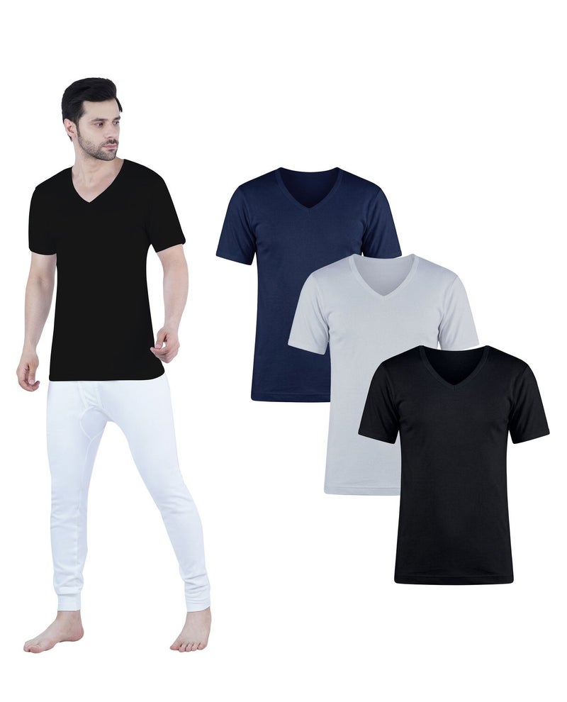 WHITE LEAF Men's V-Neck Undershirt Vest Half Sleeve 3PCS Pack – 100% Combed Cotton Breathable Comfortable Innerwear, BK/GYM/NV (WLVNSUG-03-S) - Image 1