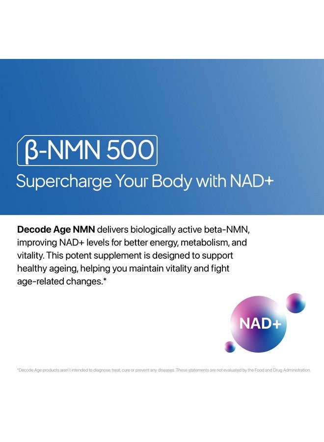 Decode Age NMN Supplement, 99.9% Pure Beta NMN, NAD+ Booster for Energy, Cellular Repair & Skin Health, 500mg, 30 Veg Capsules - Image 2