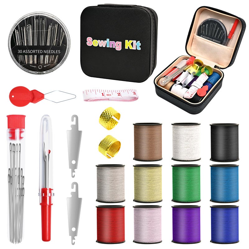 MASHDE 74 PCS Sewing Kit, Big Eye Steel Sewing Needles Kit with Storage Box, Include 55 Steel Needles for Hand Sewing, 11 Colored Threads, Tape Measure, Needle Threaders, Thimbles, Seam Rippers - Image 1