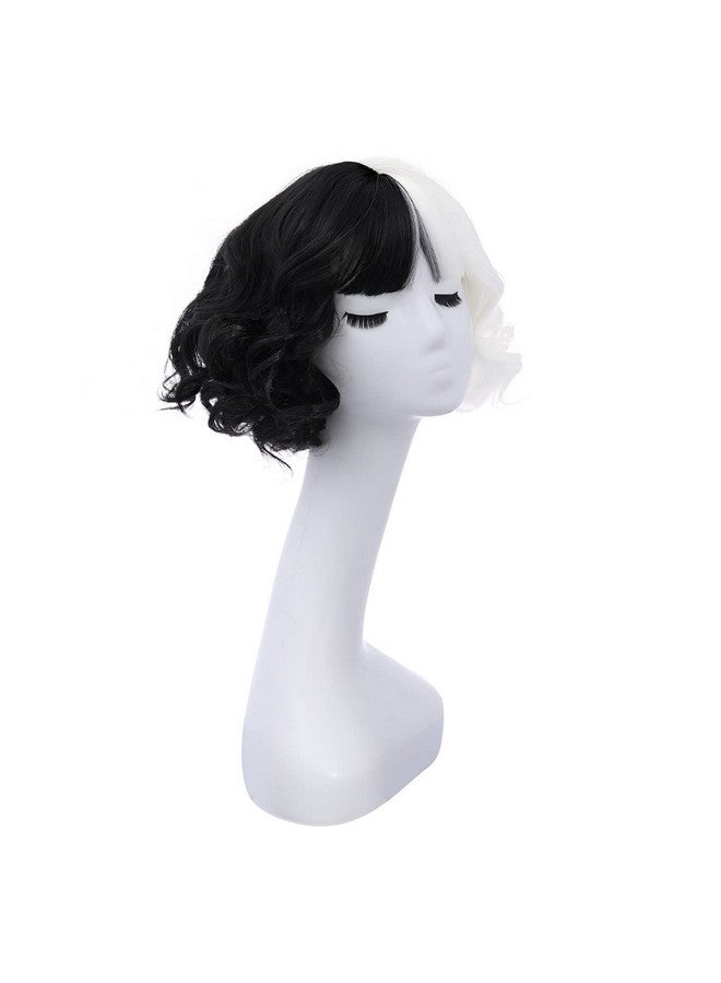 MAGQOO Half Black White Wig With Bangs Women Girls Short Curly Wavy Wig Black And White Hair Wigs Halloween Cosplay Costume Party Wig - Image 3
