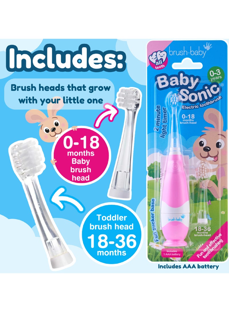 برش بيبي فرشاة أسنان كهربائية للأطفال بيبي سونيك باللون الوردي – إضاءة LED، رأسين للفرشاة، شعيرات ناعمة، مؤقت دقيقتين - Image 3