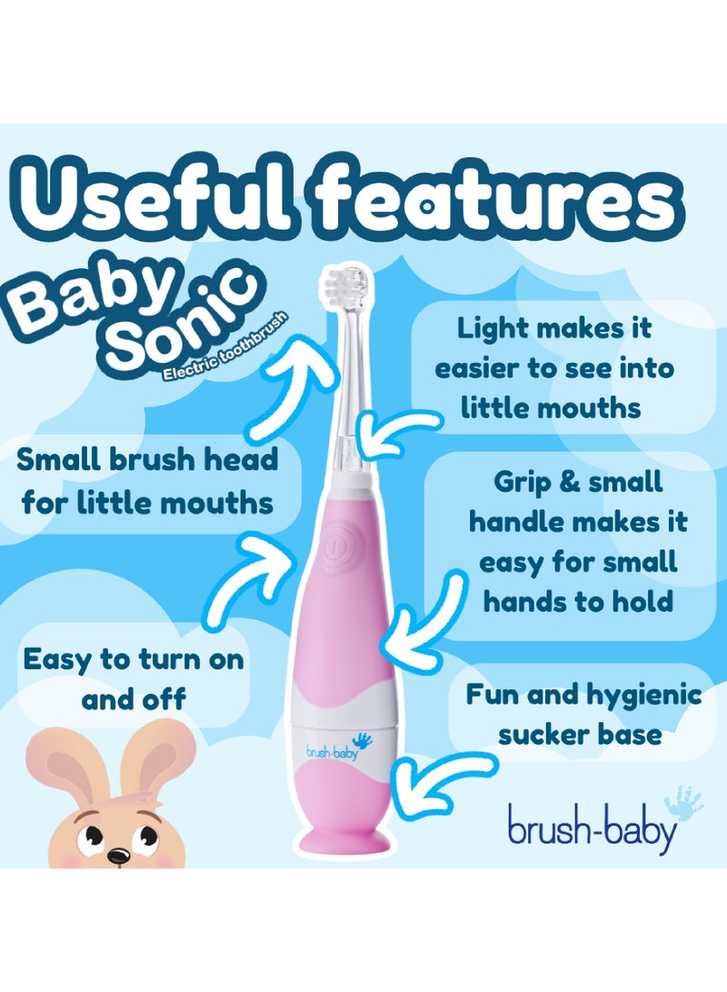 برش بيبي فرشاة أسنان كهربائية للأطفال بيبي سونيك باللون الوردي – إضاءة LED، رأسين للفرشاة، شعيرات ناعمة، مؤقت دقيقتين - Image 2