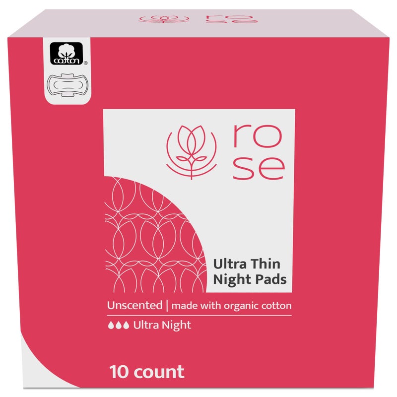 Rose Organic Pads Ultra Thin Night Pads with Wings Ultra Absorbent Organic Cotton Topsheet Unscented 10 Count Pack of 1 - Image 3