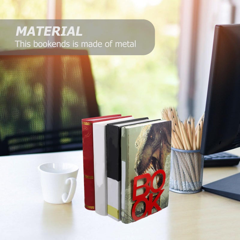 Red Metal Bookends Pair Letter Design Book Holder Desk Shelf Organizer - Image 5