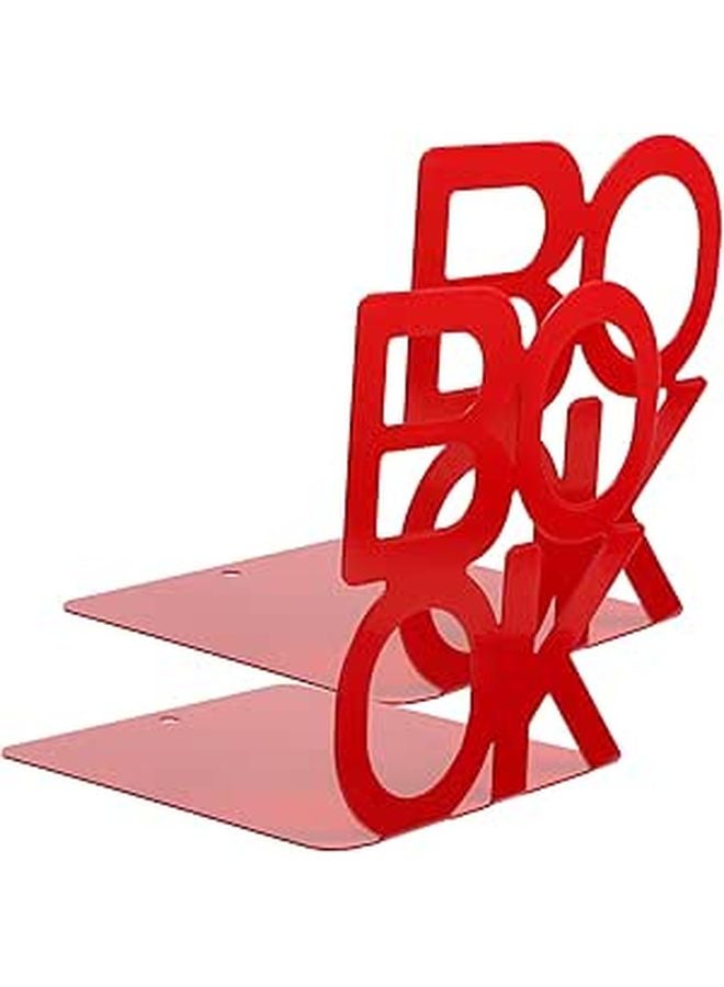 Red Metal Bookends Pair Letter Design Book Holder Desk Shelf Organizer - Image 1