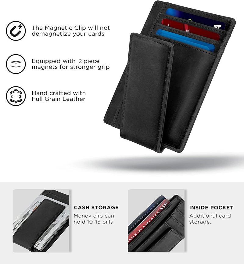 Contacts Front Pocket Wallet with Mag-netic Money Clip Minimalist RFID Genuine Leather Wallets for Men Slim Credit Card Card Holder | 8 to 10 Card Slots (Black) - Image 4