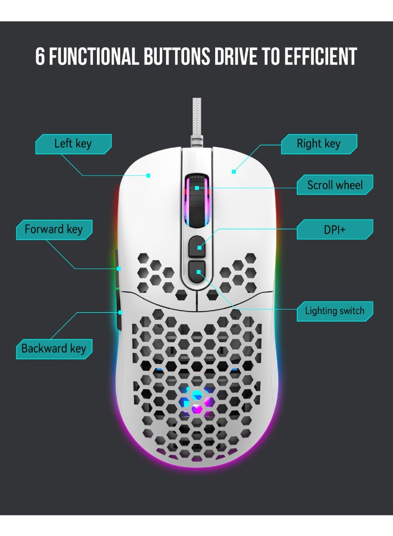 Rock Pow ROCK POW Honeycomb Gaming Mouse Ultralight High-Precision 12800 DPI Optical Sensor 6 Programmable Buttons Ergonomic Wired RGB Gaming Mice for Mac, Laptop, Computer, PC White - Image 4