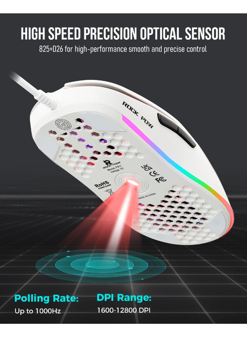 Rock Pow ROCK POW Honeycomb Gaming Mouse Ultralight High-Precision 12800 DPI Optical Sensor 6 Programmable Buttons Ergonomic Wired RGB Gaming Mice for Mac, Laptop, Computer, PC White - Image 5