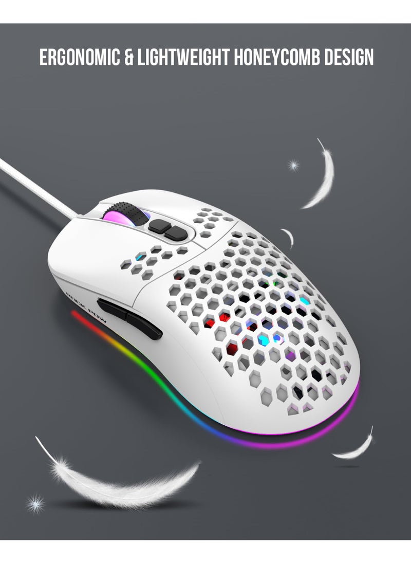 روك بو ROCK POW Honeycomb Gaming Mouse Ultralight عالية الدقة 12800 DPI مستشعر بصري 6 أزرار قابلة للبرمجة فئران الألعاب RGB السلكية Ergonomic لـ Mac ، الكمبيوتر المحمول ، الكمبيوتر ، الكمبيوتر الشخصي الأبيض - Image 1