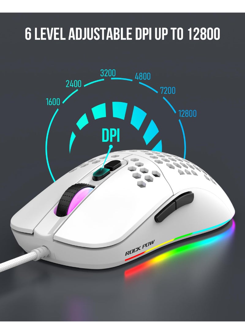 روك بو ROCK POW Honeycomb Gaming Mouse Ultralight عالية الدقة 12800 DPI مستشعر بصري 6 أزرار قابلة للبرمجة فئران الألعاب RGB السلكية Ergonomic لـ Mac ، الكمبيوتر المحمول ، الكمبيوتر ، الكمبيوتر الشخصي الأبيض - Image 3
