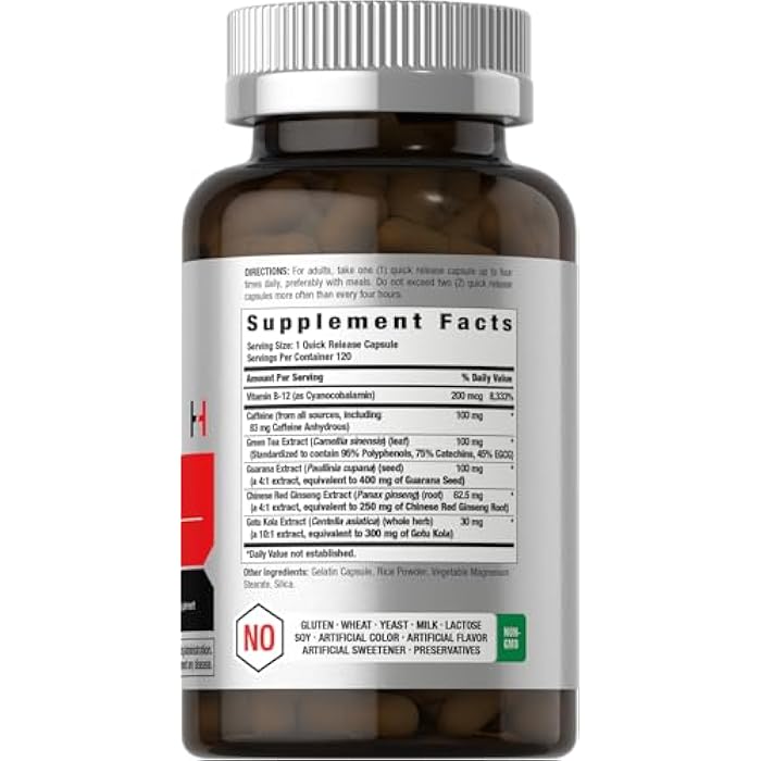 Horbäach Energy Supplement | 120 Capsules | with Caffeine, Ginseng & Vitamin B12 | Daily Energy Booster Pills | Non-GMO, Gluten Free - Image 2