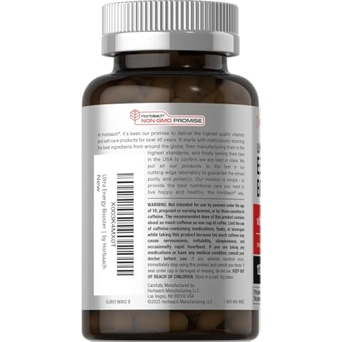 Horbäach Energy Supplement | 120 Capsules | with Caffeine, Ginseng & Vitamin B12 | Daily Energy Booster Pills | Non-GMO, Gluten Free - Image 3