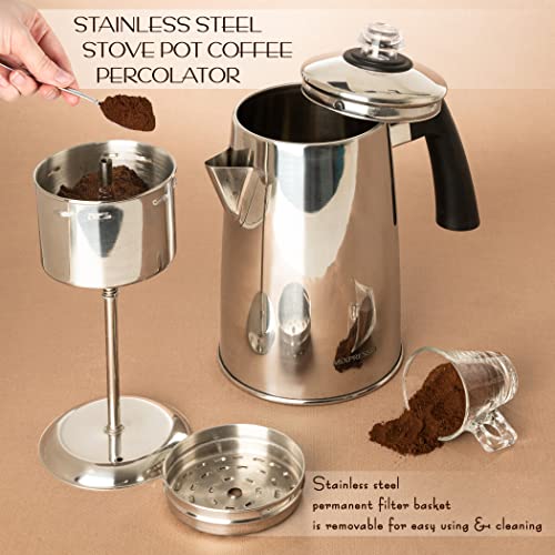 Mixpresso Stainless Steel Coffee Percolator Stovetop, 52 oz Classic Percolator Coffee Pot, Great For Camping Pot, 12 Cup Stove Top Espresso Maker, Cool-Touch Handle - Image 3