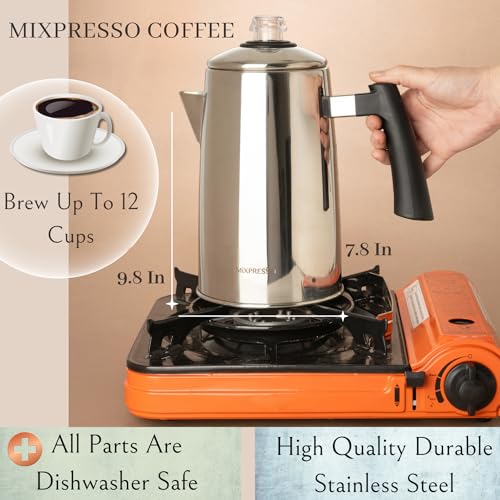 Mixpresso Stainless Steel Coffee Percolator Stovetop, 52 oz Classic Percolator Coffee Pot, Great For Camping Pot, 12 Cup Stove Top Espresso Maker, Cool-Touch Handle - Image 2