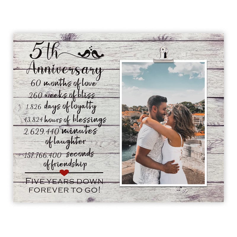 ZENNLAB ZENNLAB 5th Anniversary Picture Clip Frame Gifts for Couple 5th Anniversary Wife 5th Wedding Anniversary Present from Husband Gifts for HimHer Wood Anniversary Five Years Down Forever to Go 