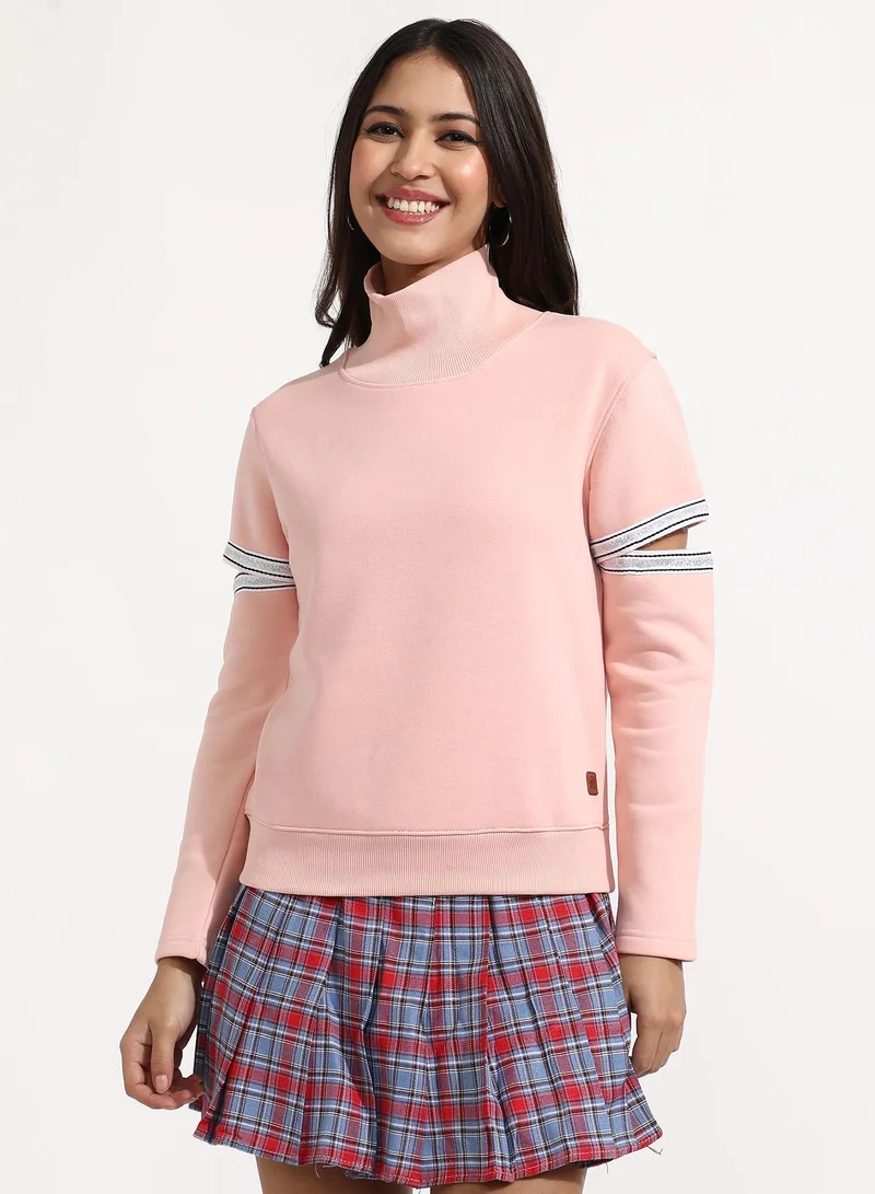 Campus Sutra Women's Light Pink Pullover Sweatshirt With Cut-Out Sleeves