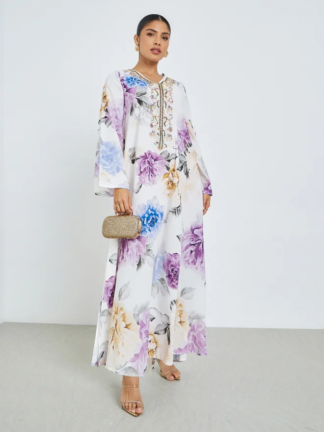 Styli Floral Print Sequined Jalabiya