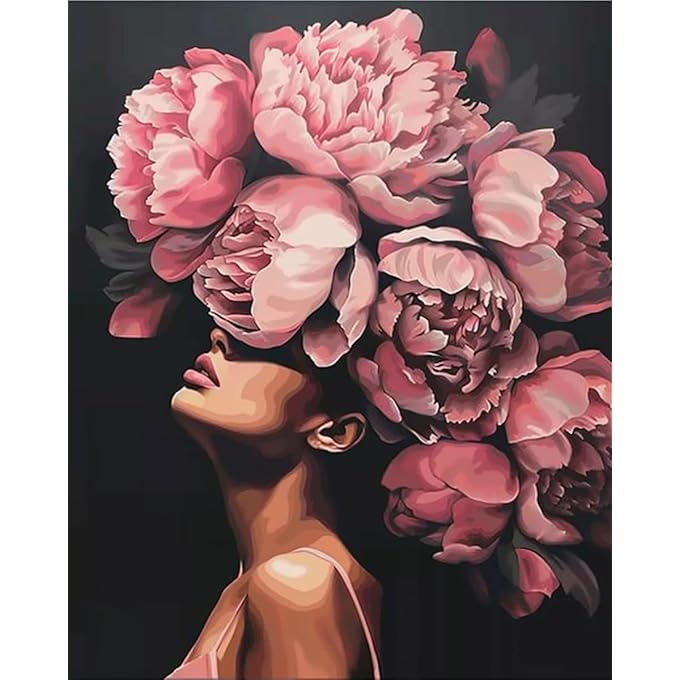 أزياء اللوحة الرأسية بالأرقام زهرة وردية مجردة الرسم الشمال الجدار الديكور الطلاء الزيتي بالأرقام جميلة امرأة رأس زهرة الطلاء بالأرقام للبالغين بدون إطار-16 ''العرض × 20 ''H