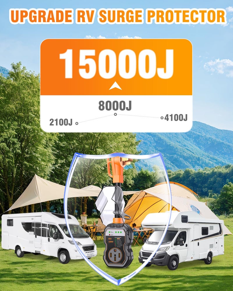 GEARGO RV Surge Protectors 50 Amp, 15000 Joules RV Circuit Analyzer, IP68 Surge Voltage Protection, RV Adapter Plug for Camper (Orange) - Image 3