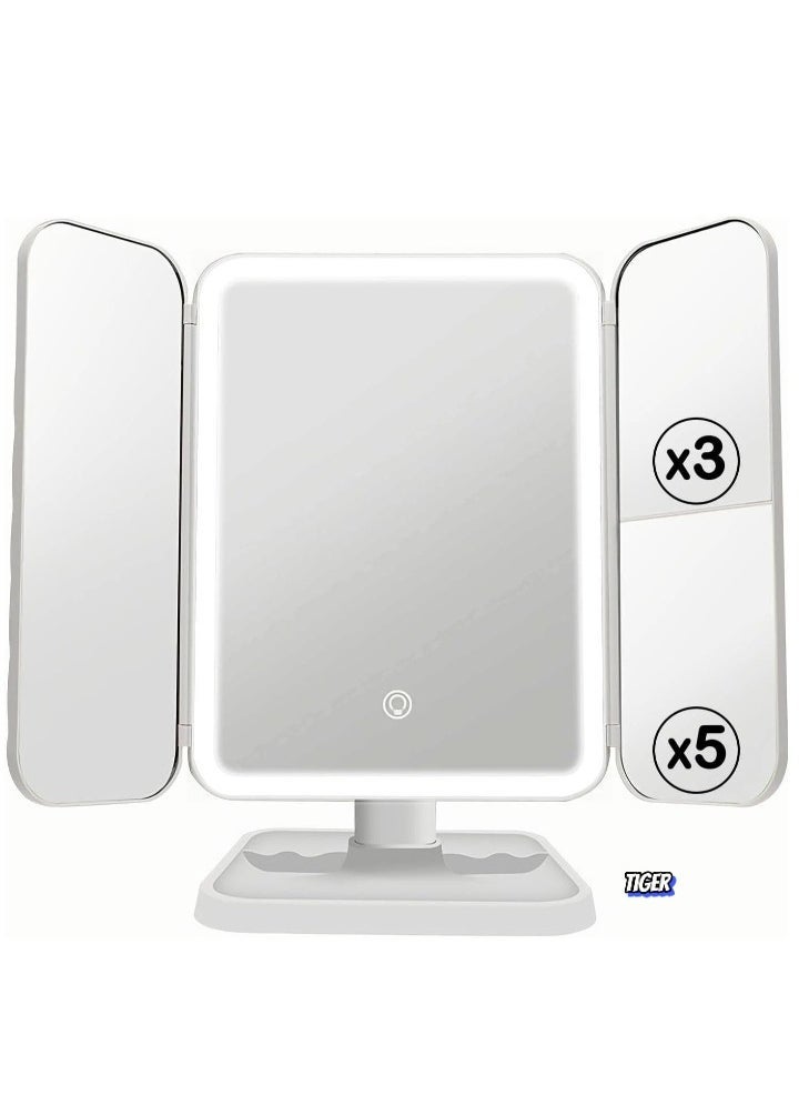 TIGER 3-Fold Lighted Makeup Mirror with 5X/3X/1X Magnification – 52 LED Lights, Touch Screen Control, 180° Adjustable Rotation, Portable & Foldable Vanity Mirror for Perfect Makeup and Skincare - Image 2