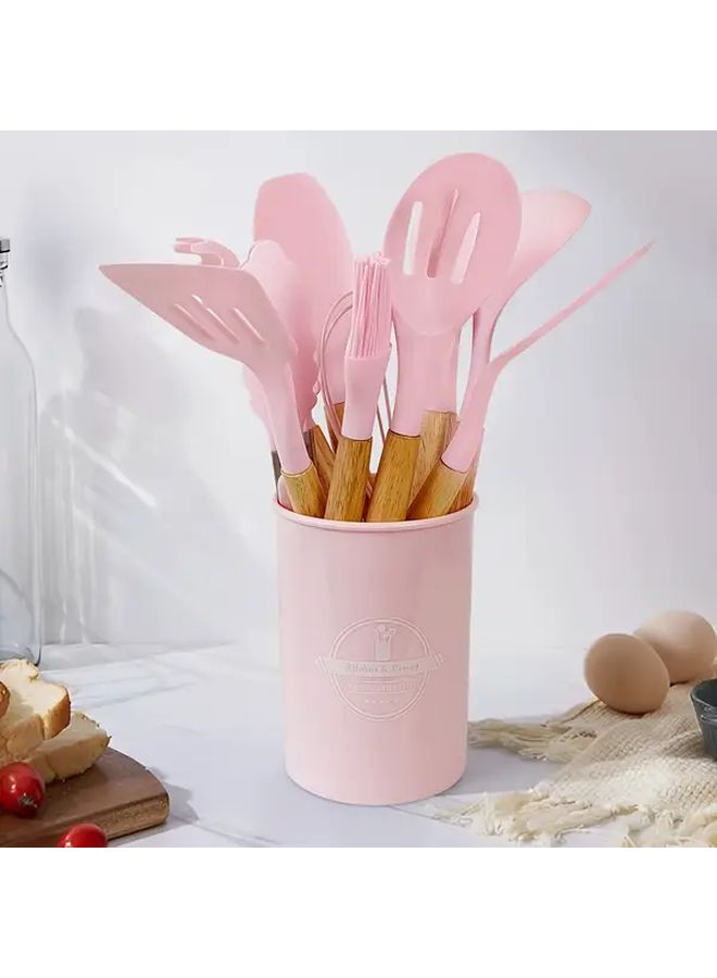 Pink Silicone Kitchen Utensil Set With Wooden Handle And Storage Bucket - Image 1