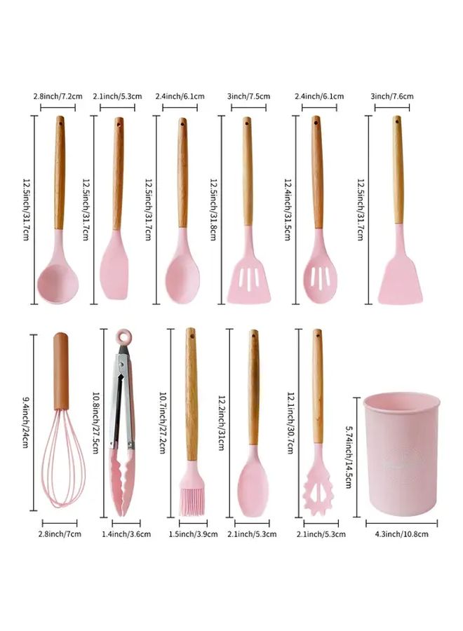 Pink Silicone Kitchen Utensil Set With Wooden Handle And Storage Bucket - Image 3
