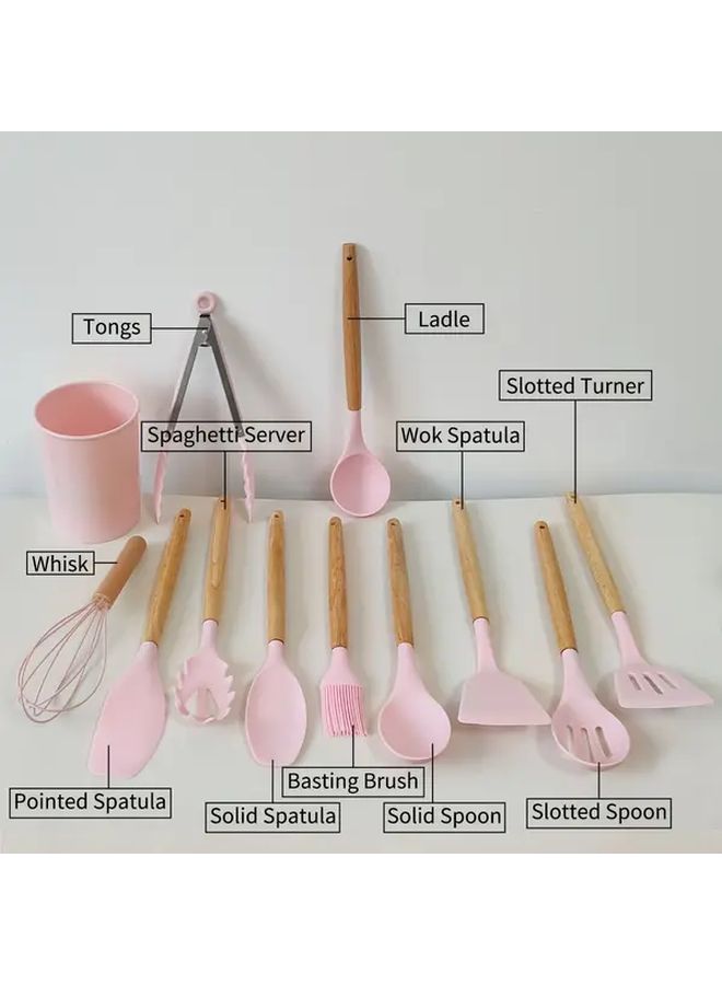 Pink Silicone Kitchen Utensil Set With Wooden Handle And Storage Bucket - Image 2