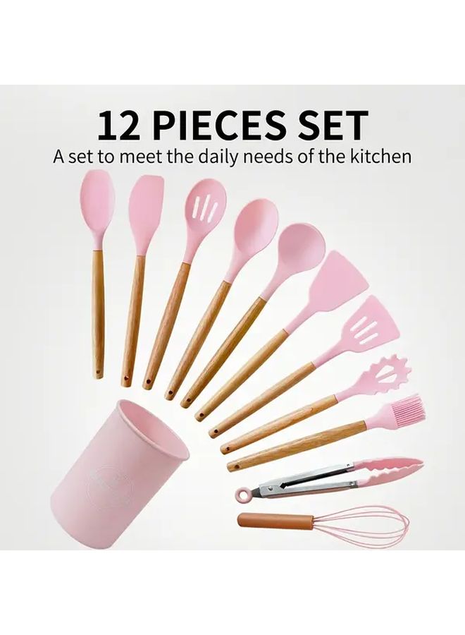 Pink Silicone Kitchen Utensil Set With Wooden Handle And Storage Bucket - Image 5