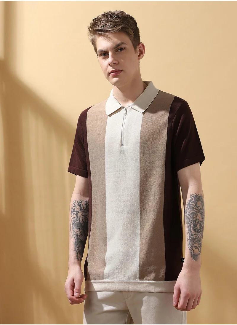 دينيس لينغو Men's Chcory Coffee 100% Cotton Striped Regular Fit T-Shirt