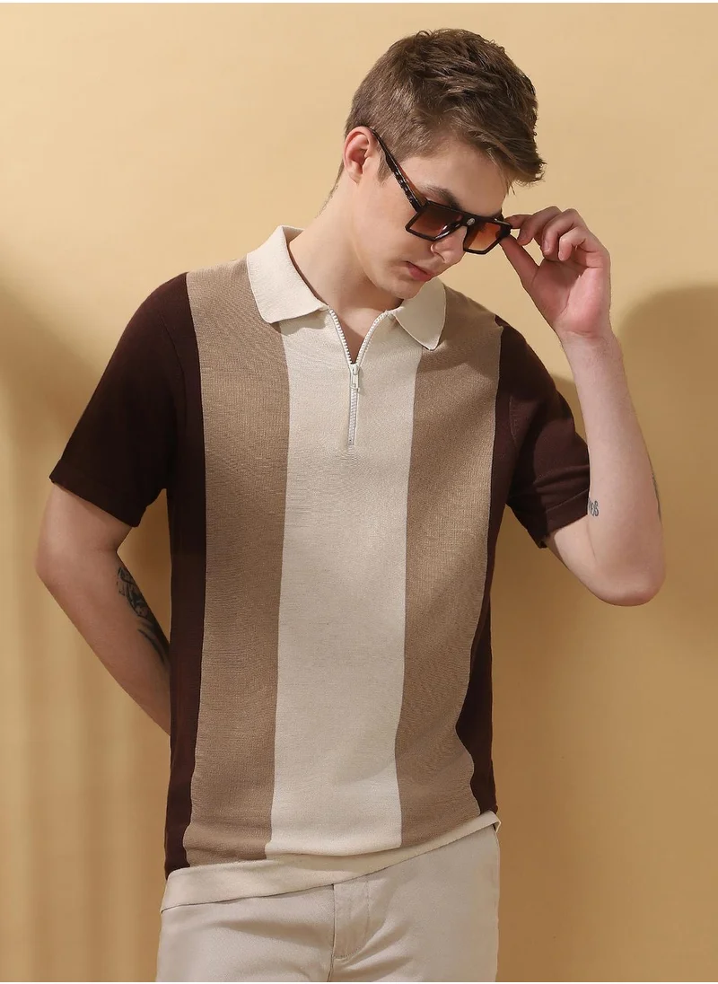 دينيس لينغو Men's Chcory Coffee 100% Cotton Striped Regular Fit T-Shirt