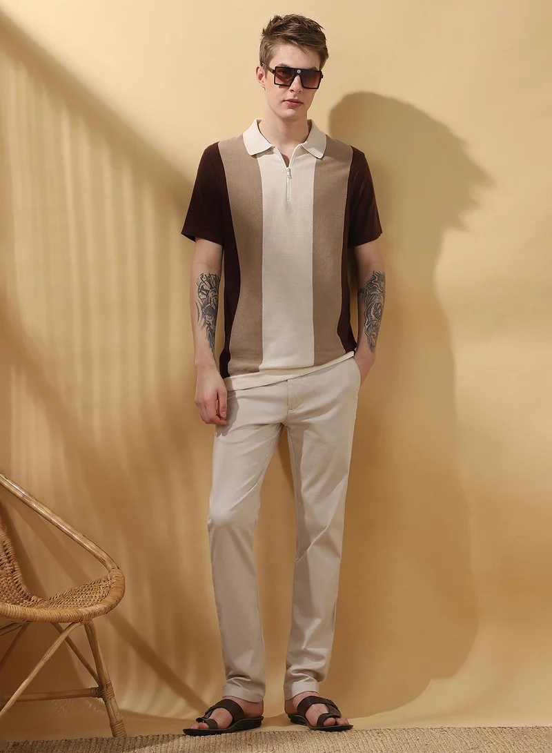 Dennis Lingo Men's Chcory Coffee 100% Cotton Striped Regular Fit T-Shirt