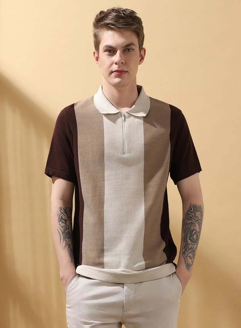 Dennis Lingo Men's Chcory Coffee 100% Cotton Striped Regular Fit T-Shirt