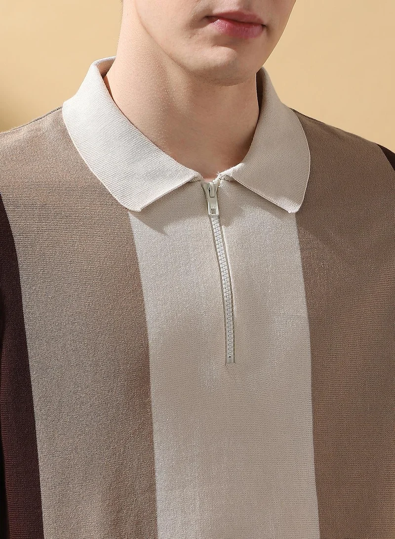 Dennis Lingo Men's Chcory Coffee 100% Cotton Striped Regular Fit T-Shirt