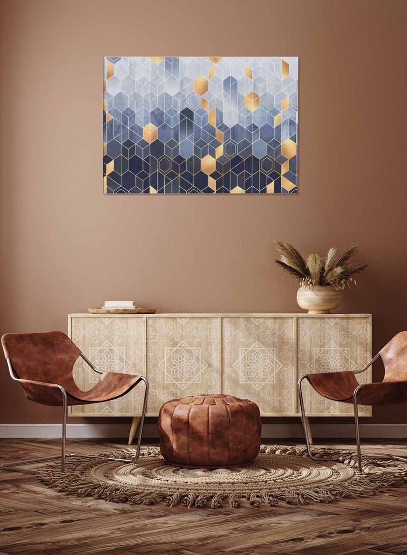 LOWHA Framed Canvas Wall Art Stretched Over Wooden Frame, Hexagons Shapes Pattern Landscape Orientatio Painting, For Home, Living Room, Office Decor  - Image 1