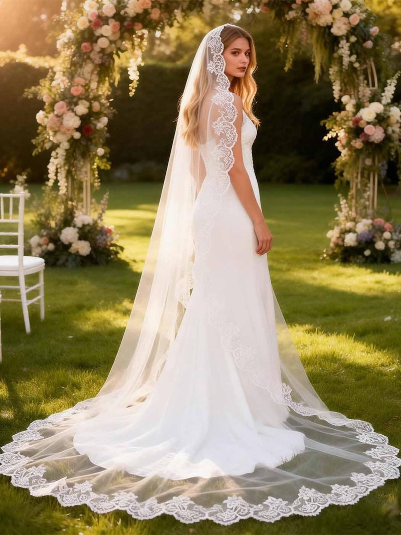Foyte Cathedral Wedding Veil with Comb 1 Tier Lace Long Veils Lace Applique Veil for Women and Brides - Image 4