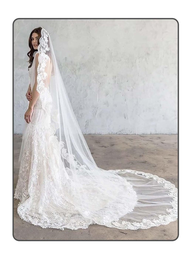 Foyte Cathedral Wedding Veil with Comb 1 Tier Lace Long Veils Lace Applique Veil for Women and Brides - Image 1