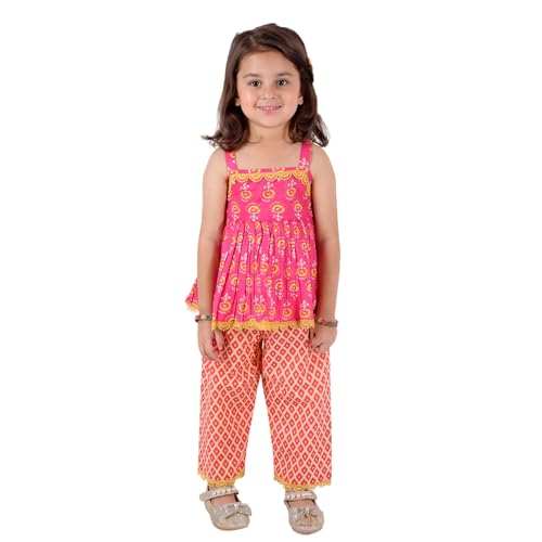 superminis Baby Girls Cotton Sanganeri Printed Sleeveless Top with Straight Pant Dress & Outfit (5-6 Years, Pink) - Image 1