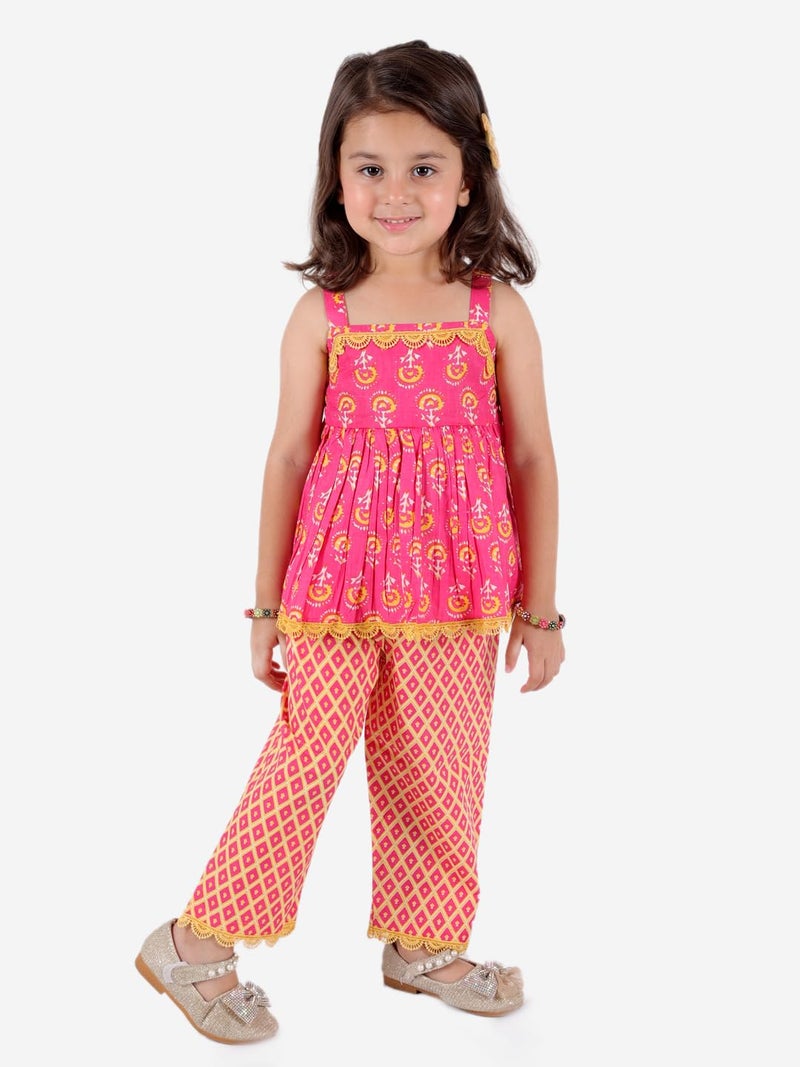 superminis Baby Girls Cotton Sanganeri Printed Sleeveless Top with Straight Pant Dress & Outfit (5-6 Years, Pink) - Image 4