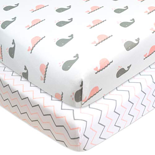 American Baby Company American Baby Company 2 Pack 100 Natural Cotton Fitted Mini Crib Sheets 38 x 24 Soft Breathable Small Nesting Portable Sheets Fits Pack N Play Mattresses Pink WhaleZigzag for Boys Girls 