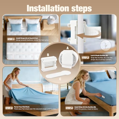 HOUSE AGAIN Bed Sheet Holders for Corners, 8-Point Grip Locking Clips & Straps Keep Fitted Sheets Firm, Tight and Smooth, No More Loose Sheets, Easy One-Time Installation (White), Sizes S - Image 3